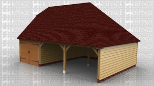 This oak framed garage is formed of three bays, two open and one enclosed. The enclosed bay is accessed by a set of garage doors to the front and a single door to the rear. The two open bays have a single door to the rear.