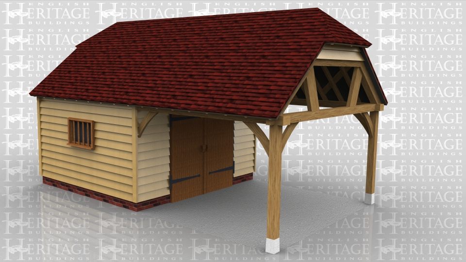 This two bay garage has one enclosed bay with a pair of garage doors and a mullion window to the side. The other bay is open at the sides and has a roof connection for attaching to an existing building.