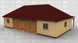 This oak framed four bay garage has two sets of garage doors to the front and a full length flat roof porch to the rear. There are two pane windows to the front, left and right.