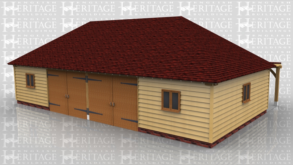 This oak framed four bay garage has two sets of garage doors to the front and a full length flat roof porch to the rear. There are two pane windows to the front, left and right.