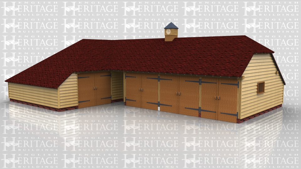 This oak framed garage complex has two buildings, one single bay garage with enclosed log store, and a five bay building with three garage bays and two enclosed storage bays. There is also a clock tower on the right hand building.