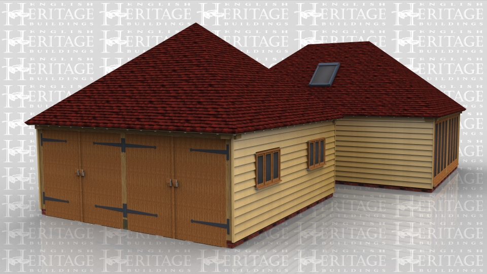 This oak framed complex consists of a two bay garage attached via a link building to a three bay home leisure building. The home leisure building has trimming for three velux windows and there are full length opening windows to the right side of the building.