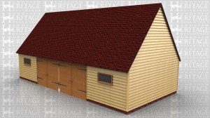 This oak framed garage has two garage doors to the front and space on either side of the bays for storage. There are two windows to the front of the building and the left side is designed to be attached onto an existing building.