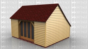 This home leisure building has full length opening windows to the front and a small enclosed store to the rear, which has trimming for a rooflight. The rear of the building has trimming for two rooflights and there is a three pane window to the side.