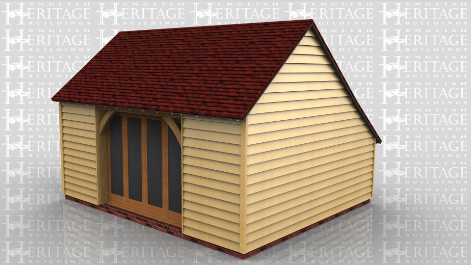 This home leisure building has full length opening windows to the front and a small enclosed store to the rear, which has trimming for a rooflight. The rear of the building has trimming for two rooflights and there is a three pane window to the side.