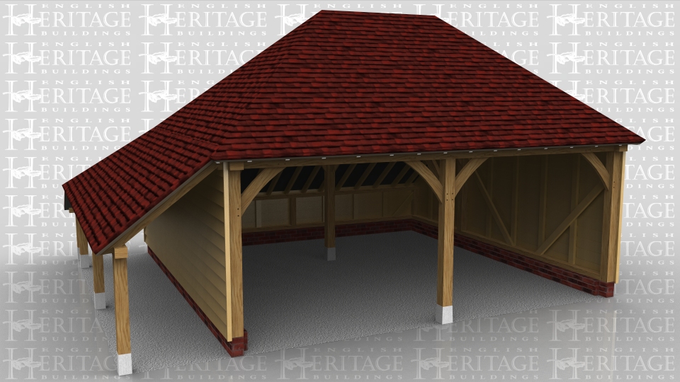 This oak framed two bay garage has two open fronted bays and a small open logstore to the left hand side.