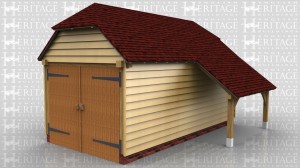 This oak framed garage is formed of two enclosed bays. Access is via a set of garage doors to the left side and there is space for one car to park and an open logstore to the side.