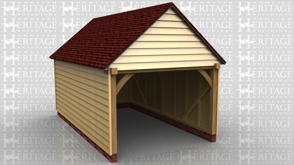 This oak framed garage is formed of two enclosed bays and access is via the open left side.