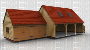 This oak framed garage complex has a two bay enclosed garage to the left and a larger two storey three bay garage with an upstairs accessed by an external oak staircase. There are two garage doors to the rear of the building as well as a single door. There are trimmings for two rooflights.