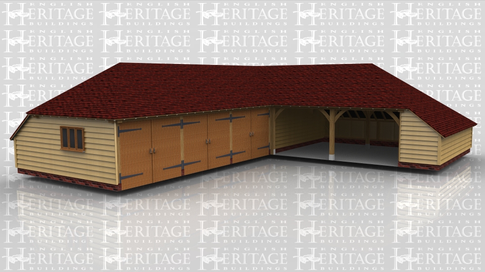 This oak framed garage complex has three enclosed garages with garage doors, and another bay inside for storage. It is attached to the next frame which is a two bay open garage with an enclosed log store to the side.