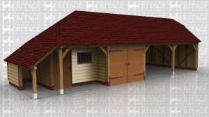 This oak framed garage complex is formed of four bays, two enclosed and two open. The enclosed bays are a small store with a single door to the front, and a garage with a set of garage doors. To the left is a logstore with the rear enclosed. To the rear of the open bays is an enclosed store.