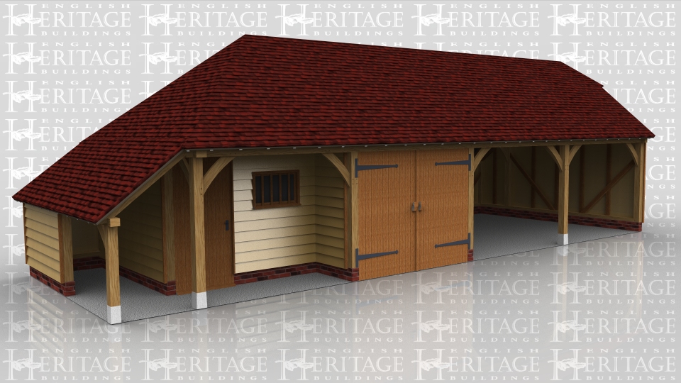 This oak framed garage complex is formed of four bays, two enclosed and two open. The enclosed bays are a small store with a single door to the front, and a garage with a set of garage doors. To the left is a logstore with the rear enclosed. To the rear of the open bays is an enclosed store.