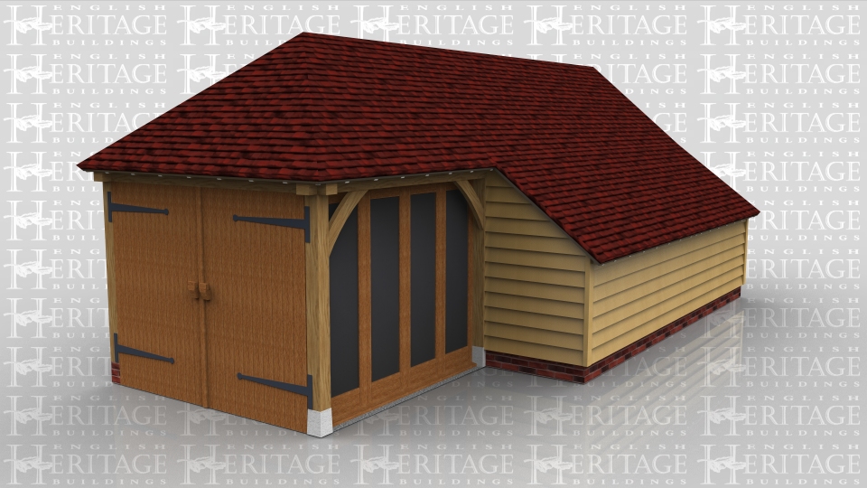 This oak frame home leisure building is fully glazed at the front and has an enclosed logstore.  Access is via a set of garage doors to the left side, although there is also a single door on the right hand side.