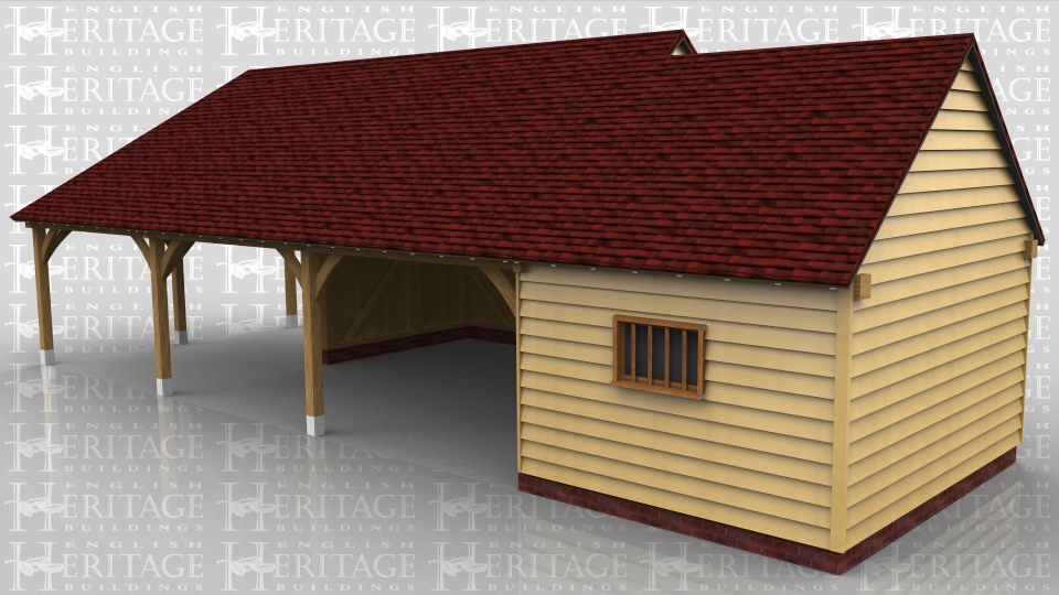 This oak framed garage is formed of two different frames. One is a three bay garage/car port with one bay open to the left side,front and rear. The other bays are open to the front. The other frame is a single enclosed bay, to be used as a store or workshop. Access is via a single solid door to the rear, and there is a mullion window to the front.