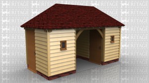 This oak framed home leisure building is formed of three bays. There is access via a single door to the left side and the middle bay is open, with single pane windows to the front of the left and right bays.