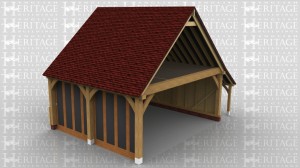 This two storey oak framed home extension is designed to be attached to an existing building. It has an open logstore to the rear and full length windows to the front. The left side has two sets of five pane windows and a two pane window on the first floor.