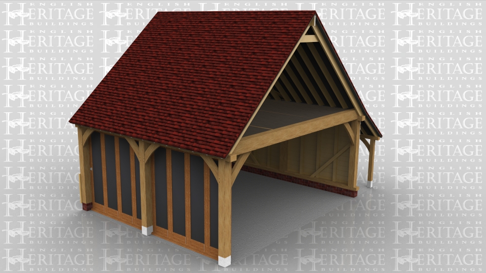 This two storey oak framed home extension is designed to be attached to an existing building. It has an open logstore to the rear and full length windows to the front. The left side has two sets of five pane windows and a two pane window on the first floor.