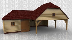 This oak framed garage has an enclosed workshop or store that is accessed by a single door and has a two pane window to the front. Attached to this is a two bay garage with open sides and an upper storey. The first floor is accessed by a hatch and is designed for storage.