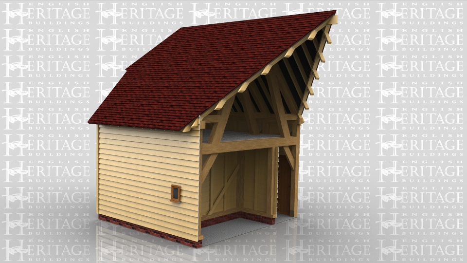 This two storey oak framed home extension is designed to be attached to an existing building. There are two sets of four pane windows to the left side of the building and a two pane window on the first floor. There is a single door for access at the rear and another two sets of two pane windows.