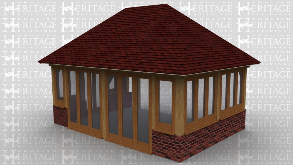 This oak framed home extension is desgined to be attached to an existing building at the rear and has one pair of fully glazed doors to the side and two pairs to the front of the building.