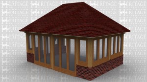 This oak framed home extension is desgined to be attached to an existing building at the rear and has one pair of fully glazed doors to the side and two pairs to the front of the building.