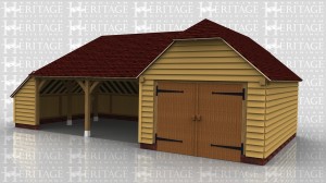 This oak framed garage complex is formed of two frames; the first is a two bay open garage with an enclosed store to the left side and rear. The second frame is a two bay enclosed garage with access to the left end of the building via a set of garage doors.