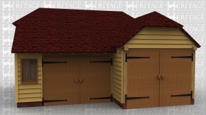 This oak framed garage complex is formed of a single bay garage with a set of garage doors to the front and a small mullion window. There is also an enclosed store to the rear. The second frame is a three bay enclosed garage with a set of garage doors to the left side.