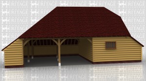 This is an oak framed three bay garage with two open bays and one enclosed bay which is accessed via the single door in the partition. There is also a mullion window at the front of the building, as well as an enclosed logstore to the left, right and rear sides.