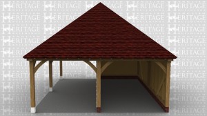 This oak framed garage is formed of two bays, one open and one enclosed. The enclosed bay has three sides and is open to the front, whereas the open bay has no rear, left or front walls.