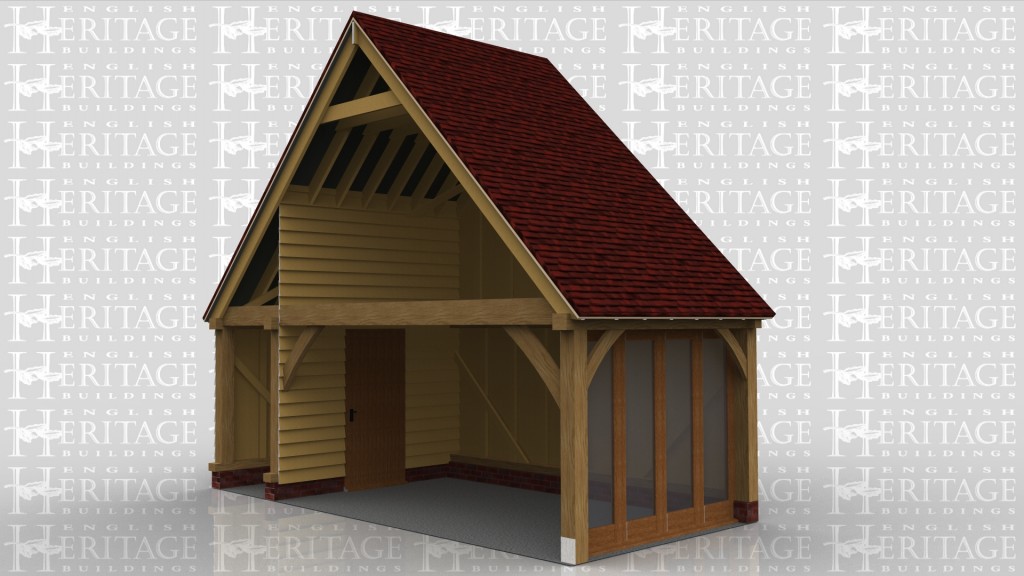 Small two storey oak framed extension with access via a pair of glazed doors. One side is weatherboarded and the others fully glazed. The left side is open to be attached to an existing building.