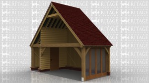 Small two storey oak framed extension with access via a pair of glazed doors. One side is weatherboarded and the others fully glazed. The left side is open to be attached to an existing building.