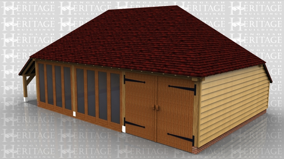 This oak framed garage complex is formed of three bays; one is a garage bay and the other two could be used as a workshop or home leisure building. The two enclosed bays are fully glazed to the front and have an open logstore to the left side. There is also an enclosed store to the rear.