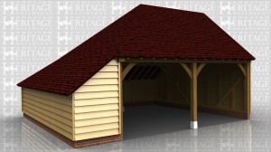 This oak framed garage is formed of two open bays with an enclosed store to the left and rear of the building.