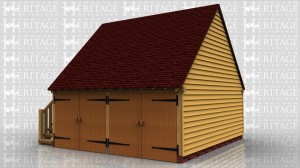 This oak framed two storey garage is formed of two enclosed bays, accessed via a set of garage doors to each. There is an external oak staircase to the left side and a solid single door to access the first floor.