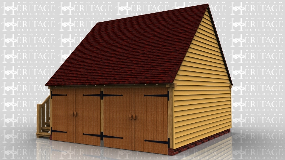 This oak framed two storey garage is formed of two enclosed bays, accessed via a set of garage doors to each. There is an external oak staircase to the left side and a solid single door to access the first floor.