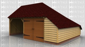 This oak framed garage is formed of two bays; one open and one enclosed. The enclosed bay is accessed via a set of garage doors to the front and has an enclosed store to the right side and the rear.