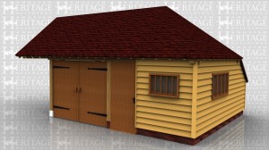 This oak framed garage is formed of two bays, both enclosed. The left hand bay is accessed by a set of garage doors to the front and is left open to the left side to be attached to an existing building. The right hand bay is accessed by a single door to the front and a mullion window to the front and side. There is an enclosed store to the rear.