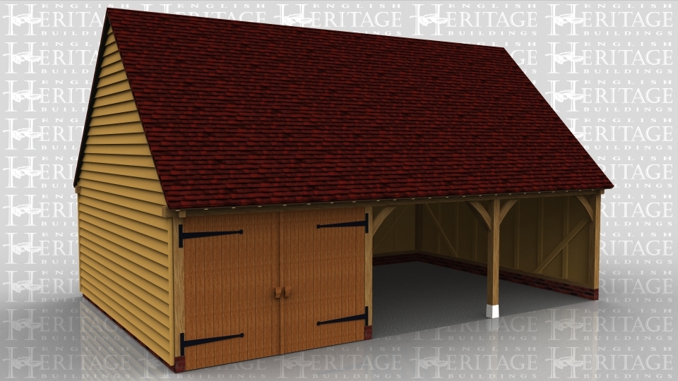 This oak framed garage is formed of three bays; one enclosed and two open. The enclosed bay is accessed via a set of garage doors to the front.