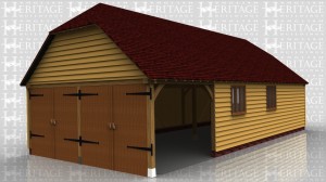 This oak framed garage is formed of four bays,with three enclosed bays and one open. The building is accessed via two sets of garage doors to the left hand side, and a single solid door to the right. There are two three pane windows to the front and one to the right side.