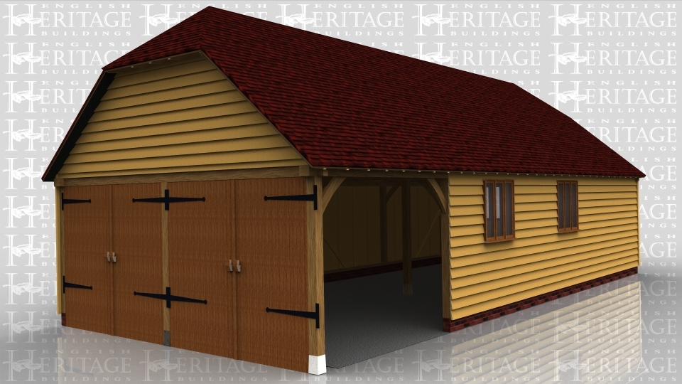 This oak framed garage is formed of four bays,with three enclosed bays and one open. The building is accessed via two sets of garage doors to the left hand side, and a single solid door to the right. There are two three pane windows to the front and one to the right side.