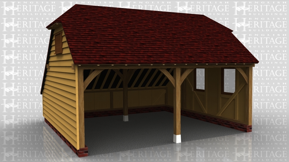 This oak framed two bay garage is open to the front. There is an enclosed store to the rear, and two large single pane windows to the right side.