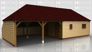This oak framed garage is formed of four bays; two enclosed and two open. There is an enclosed store to the rear of the building and the enclosed bays are accessed via two solid single doors to the left and a pair of solid doors to the right. To the front there is a mullion window and a single pane window.