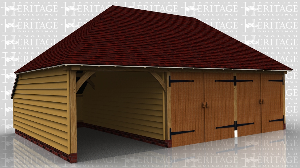 This is an oak framed three bay garage with two of the bays enclosed and secure with garage doors and the other bay is open. To the rear of the building there is an enclosed logstore.