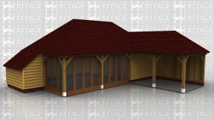 This oak framed home leisure building is formed of a three bay home leisure building, with two bays fully glazed to the front and left side. The third is enclosed and is accessed by a single solid door. The other frame is an open two bay garage with an enclosed store to the rear.
