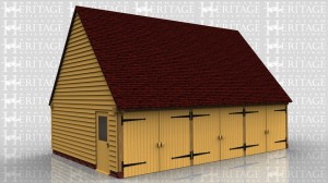 This oak framed garage has three enclosed bays with garage doors to the front and a half glazed door to the side.