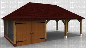 This is a three bay oak framed garage with two open bays and one enclosed bay and is secured with a pair of garage doors.