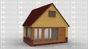 This oak framed building is designed to be attached to an exisiting building and has an upper floor. At the front of the building there is a three pane window at the top to bring in more natrual light to the upper floor. There is a single door and a three pane unit and a fully glazed two pane door. On the left hand side there is a three pane window and on the rigjht hand side there is a two pane window.