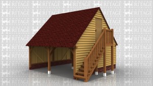 This oak framed garage has an upper floor which is accesed by the external staircase. The two bays are open for parking space. On the left hand side there is a three pane window for more natural lighjt in the upper floor. There are also two rooflights at the rear of the building.