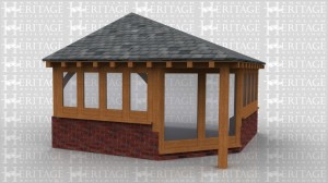 This oak framed building is designed to be attached to an exisisting building. On the left and right hand side of the building there is a four pane window. To access this building there is two fully glazed doors which were fittied diagonal to be attached to the left and right hand side.