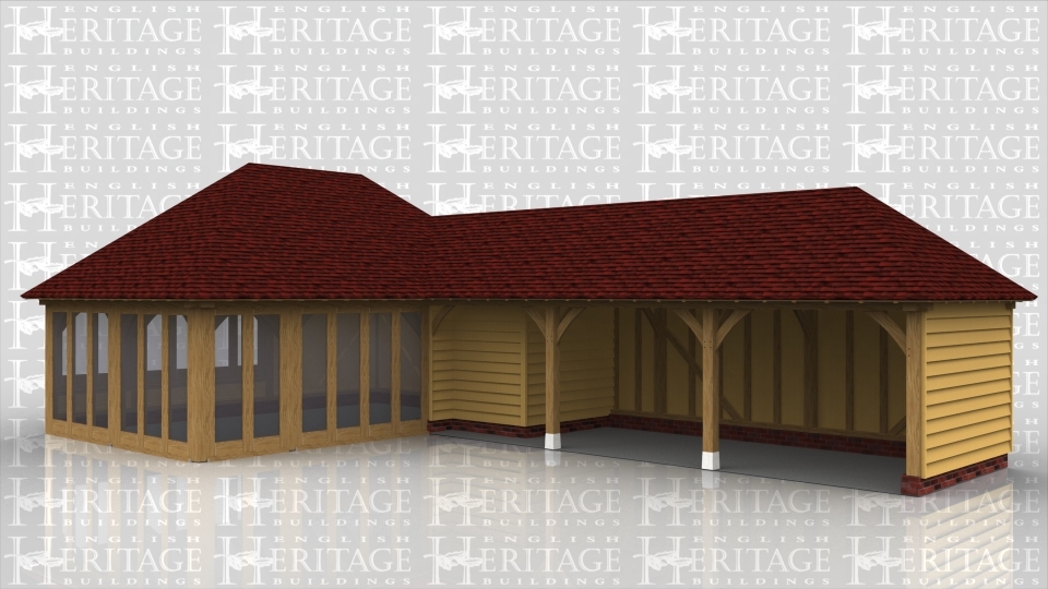This oak framed complex is formed of two different frames.The first frame is formed of three bays, all enclosed. To the front there are fully glazed units and also to the left side. Attached to this is a three bay garage building, with the first bay enclosed for storage and the other two open to the front.